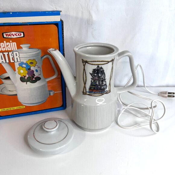 VTG NEW 1972 Nevco 6 Cup Porcelain Electric Heater Water Coffee Nautical Ship - Picture 2 of 12